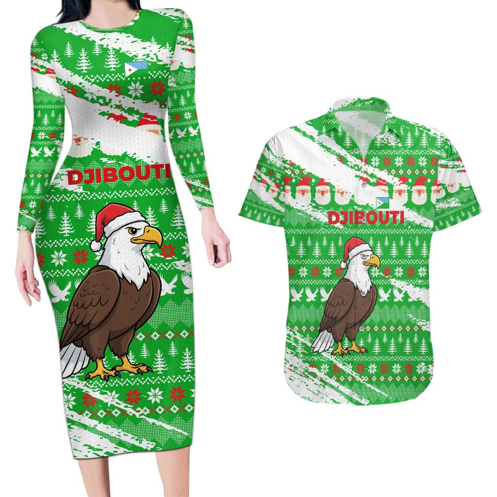Djibouti Christmas Couples Matching Long Sleeve Bodycon Dress and Hawaiian Shirt with Santa Eagle Doves Trees and Green Snowflake Holiday - Wonder Print Shop