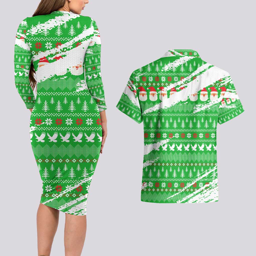 Djibouti Christmas Couples Matching Long Sleeve Bodycon Dress and Hawaiian Shirt with Santa Eagle Doves Trees and Green Snowflake Holiday - Wonder Print Shop