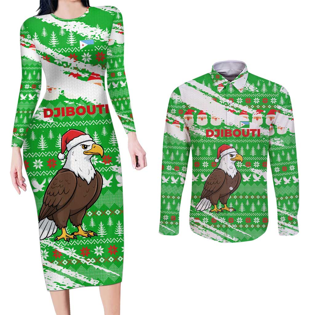 Djibouti Christmas Couples Matching Long Sleeve Bodycon Dress and Long Sleeve Button Shirt with Santa Eagle Doves Trees and Green Snowflake Holiday - Wonder Print Shop