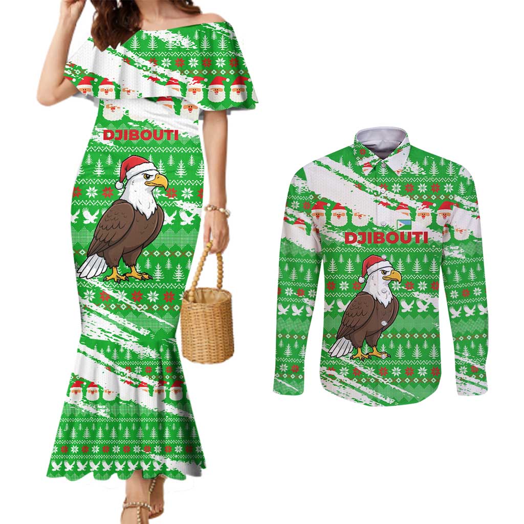 Djibouti Christmas Couples Matching Mermaid Dress and Long Sleeve Button Shirt with Santa Eagle Doves Trees and Green Snowflake Holiday - Wonder Print Shop