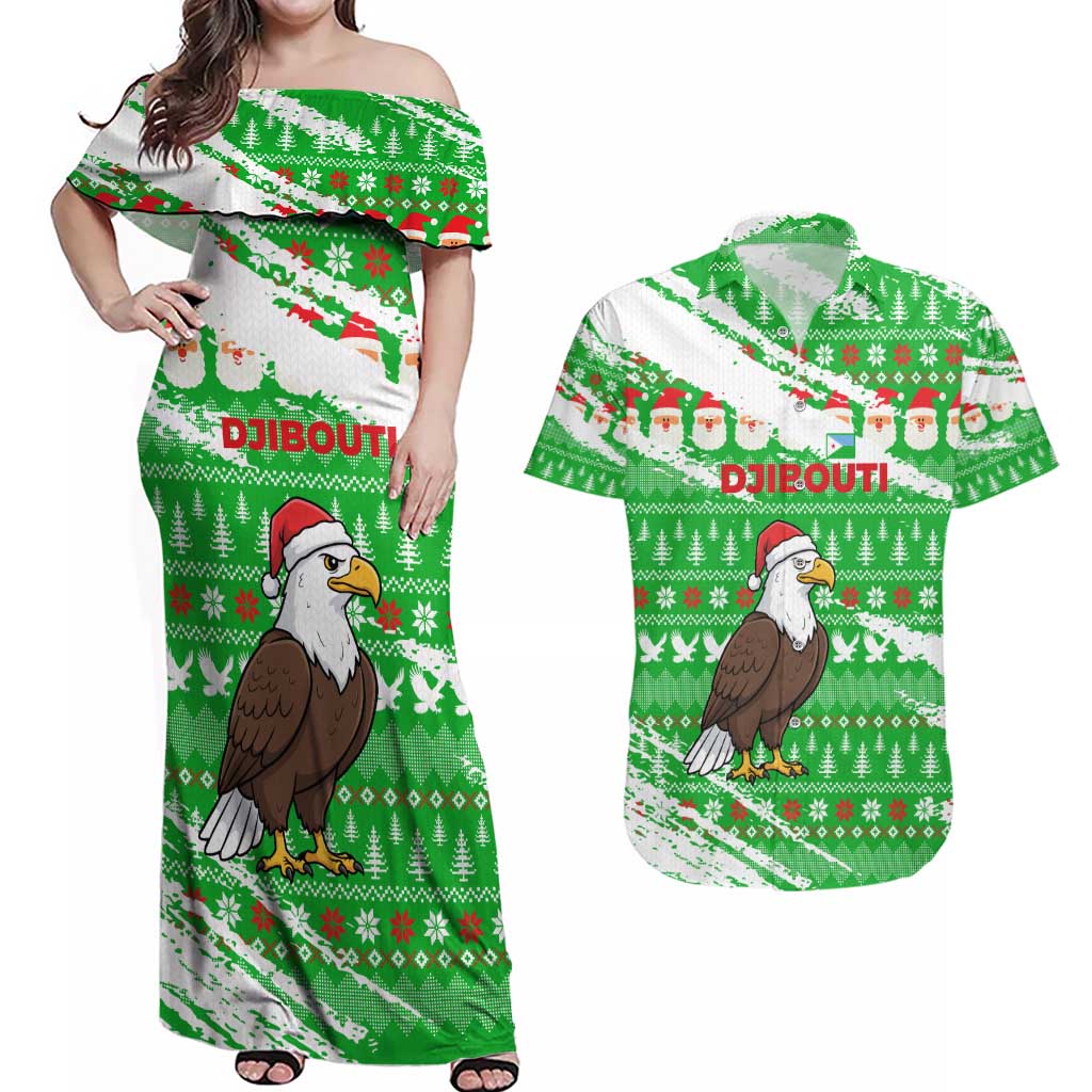 Djibouti Christmas Couples Matching Off Shoulder Maxi Dress and Hawaiian Shirt with Santa Eagle Doves Trees and Green Snowflake Holiday - Wonder Print Shop