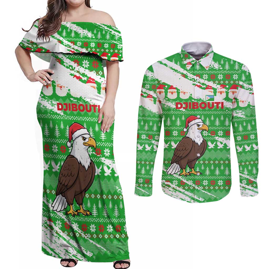 Djibouti Christmas Couples Matching Off Shoulder Maxi Dress and Long Sleeve Button Shirt with Santa Eagle Doves Trees and Green Snowflake Holiday - Wonder Print Shop