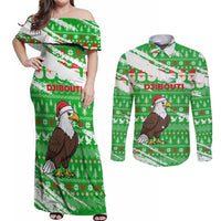 Djibouti Christmas Couples Matching Off Shoulder Maxi Dress and Long Sleeve Button Shirt with Santa Eagle Doves Trees and Green Snowflake Holiday - Wonder Print Shop