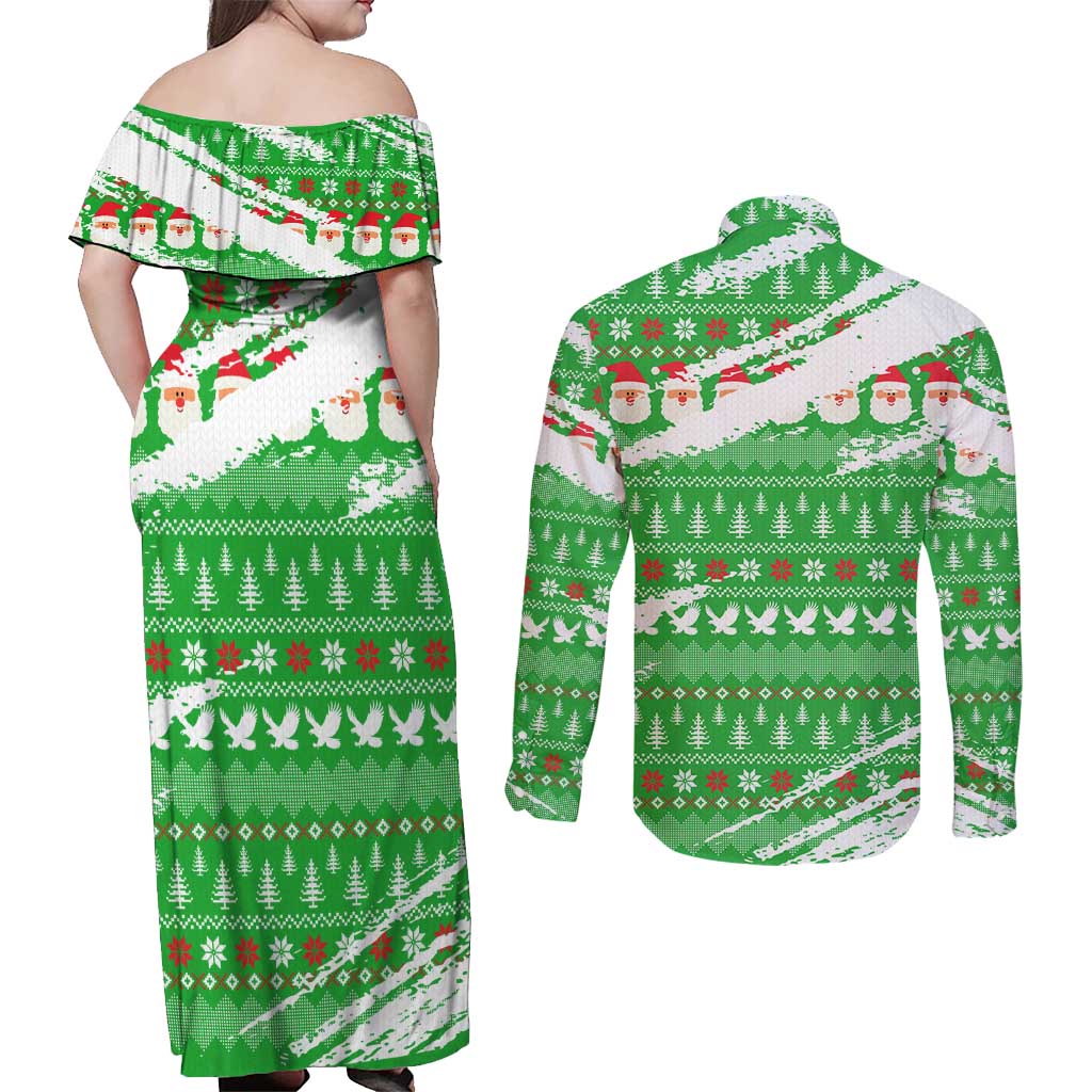 Djibouti Christmas Couples Matching Off Shoulder Maxi Dress and Long Sleeve Button Shirt with Santa Eagle Doves Trees and Green Snowflake Holiday - Wonder Print Shop