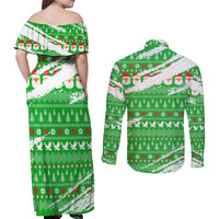 Djibouti Christmas Couples Matching Off Shoulder Maxi Dress and Long Sleeve Button Shirt with Santa Eagle Doves Trees and Green Snowflake Holiday - Wonder Print Shop