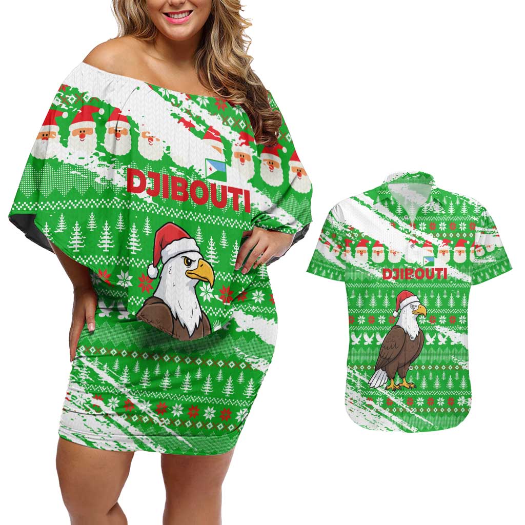Djibouti Christmas Couples Matching Off Shoulder Short Dress and Hawaiian Shirt with Santa Eagle Doves Trees and Green Snowflake Holiday - Wonder Print Shop