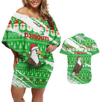 Djibouti Christmas Couples Matching Off Shoulder Short Dress and Hawaiian Shirt with Santa Eagle Doves Trees and Green Snowflake Holiday - Wonder Print Shop