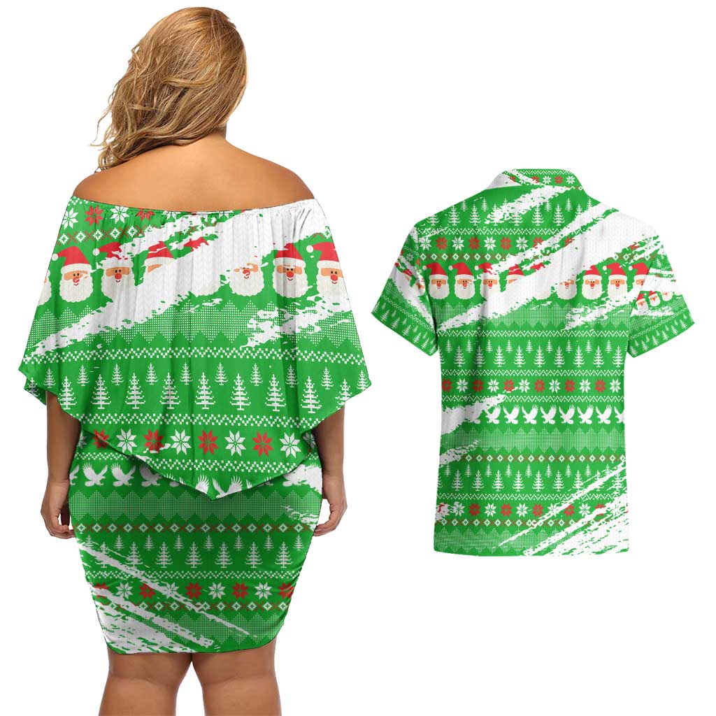 Djibouti Christmas Couples Matching Off Shoulder Short Dress and Hawaiian Shirt with Santa Eagle Doves Trees and Green Snowflake Holiday - Wonder Print Shop