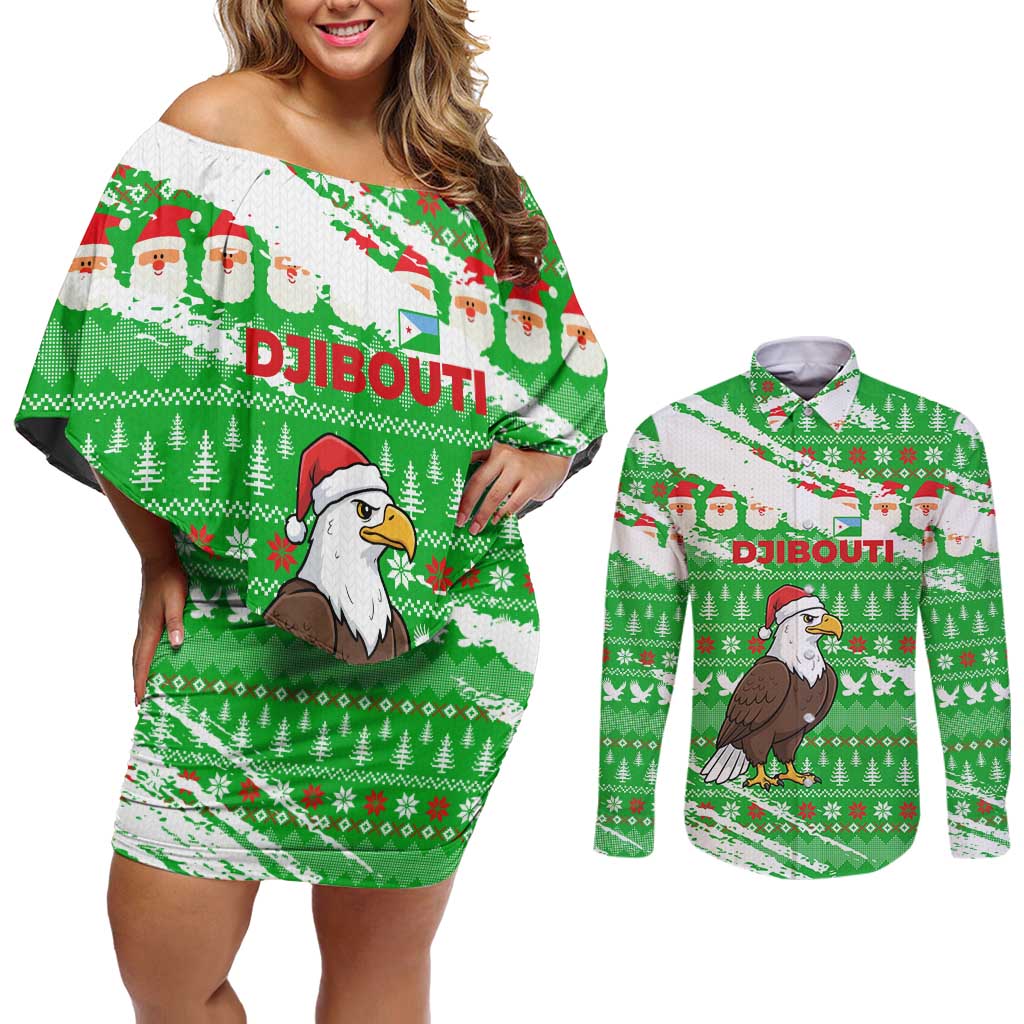 Djibouti Christmas Couples Matching Off Shoulder Short Dress and Long Sleeve Button Shirt with Santa Eagle Doves Trees and Green Snowflake Holiday - Wonder Print Shop