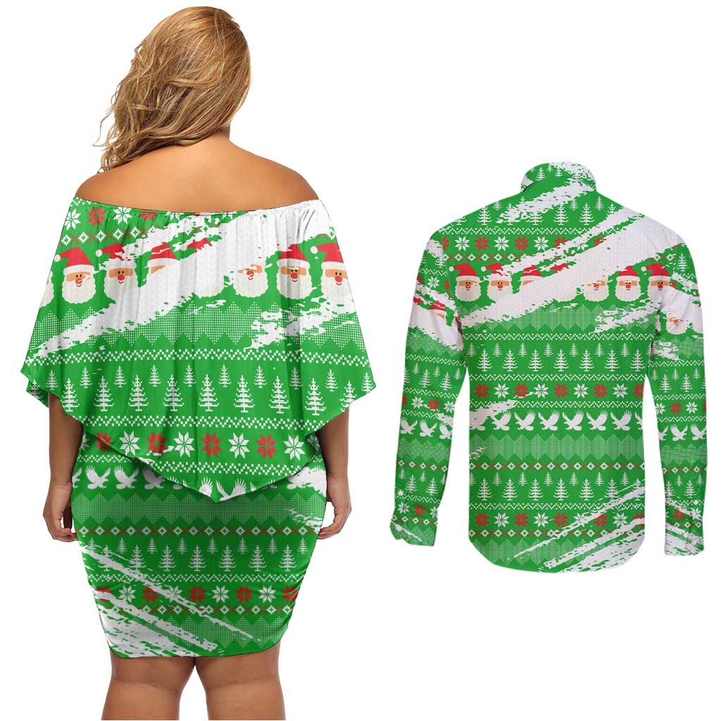 Djibouti Christmas Couples Matching Off Shoulder Short Dress and Long Sleeve Button Shirt with Santa Eagle Doves Trees and Green Snowflake Holiday - Wonder Print Shop