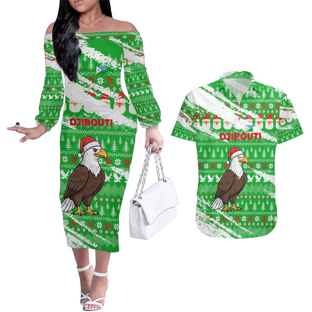 Djibouti Christmas Couples Matching Off The Shoulder Long Sleeve Dress and Hawaiian Shirt with Santa Eagle Doves Trees and Green Snowflake Holiday - Wonder Print Shop