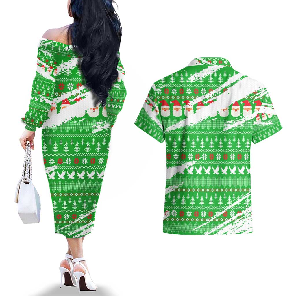 Djibouti Christmas Couples Matching Off The Shoulder Long Sleeve Dress and Hawaiian Shirt with Santa Eagle Doves Trees and Green Snowflake Holiday - Wonder Print Shop