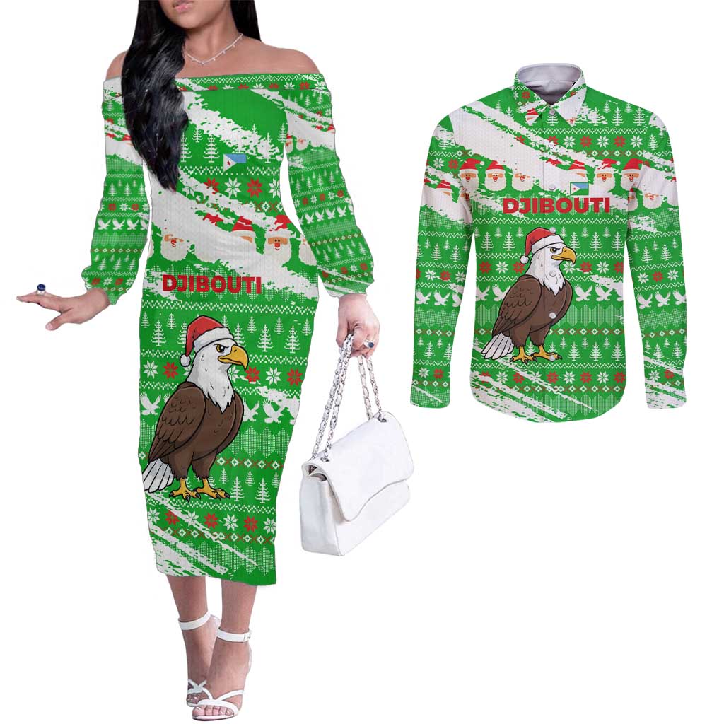 Djibouti Christmas Couples Matching Off The Shoulder Long Sleeve Dress and Long Sleeve Button Shirt with Santa Eagle Doves Trees and Green Snowflake Holiday - Wonder Print Shop