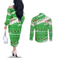 Djibouti Christmas Couples Matching Off The Shoulder Long Sleeve Dress and Long Sleeve Button Shirt with Santa Eagle Doves Trees and Green Snowflake Holiday - Wonder Print Shop