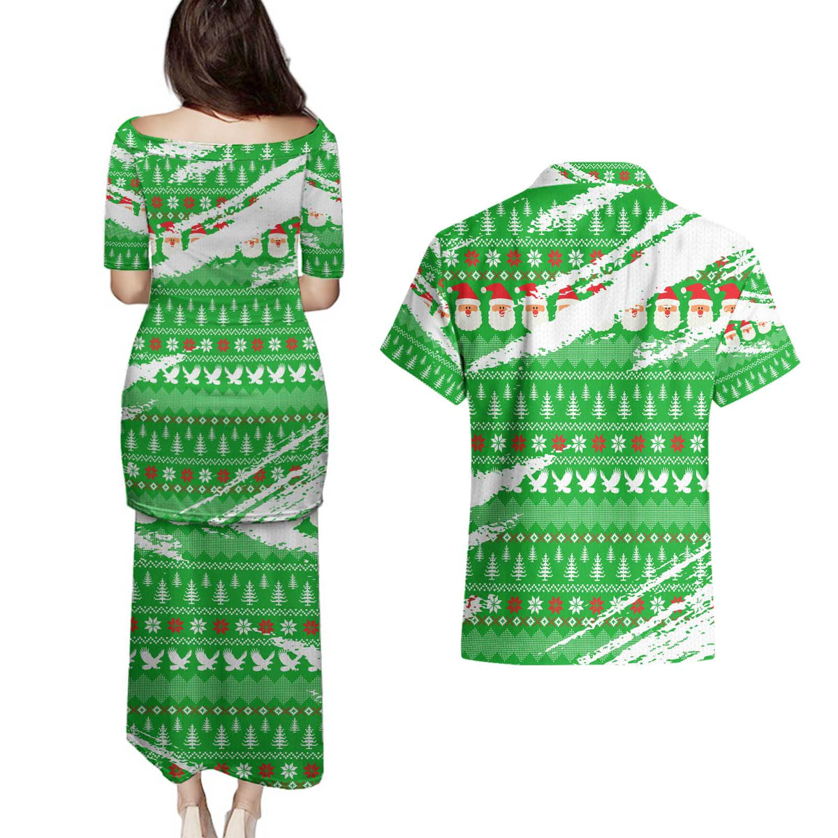 Djibouti Christmas Couples Matching Puletasi and Hawaiian Shirt with Santa Eagle Doves Trees and Green Snowflake Holiday - Wonder Print Shop