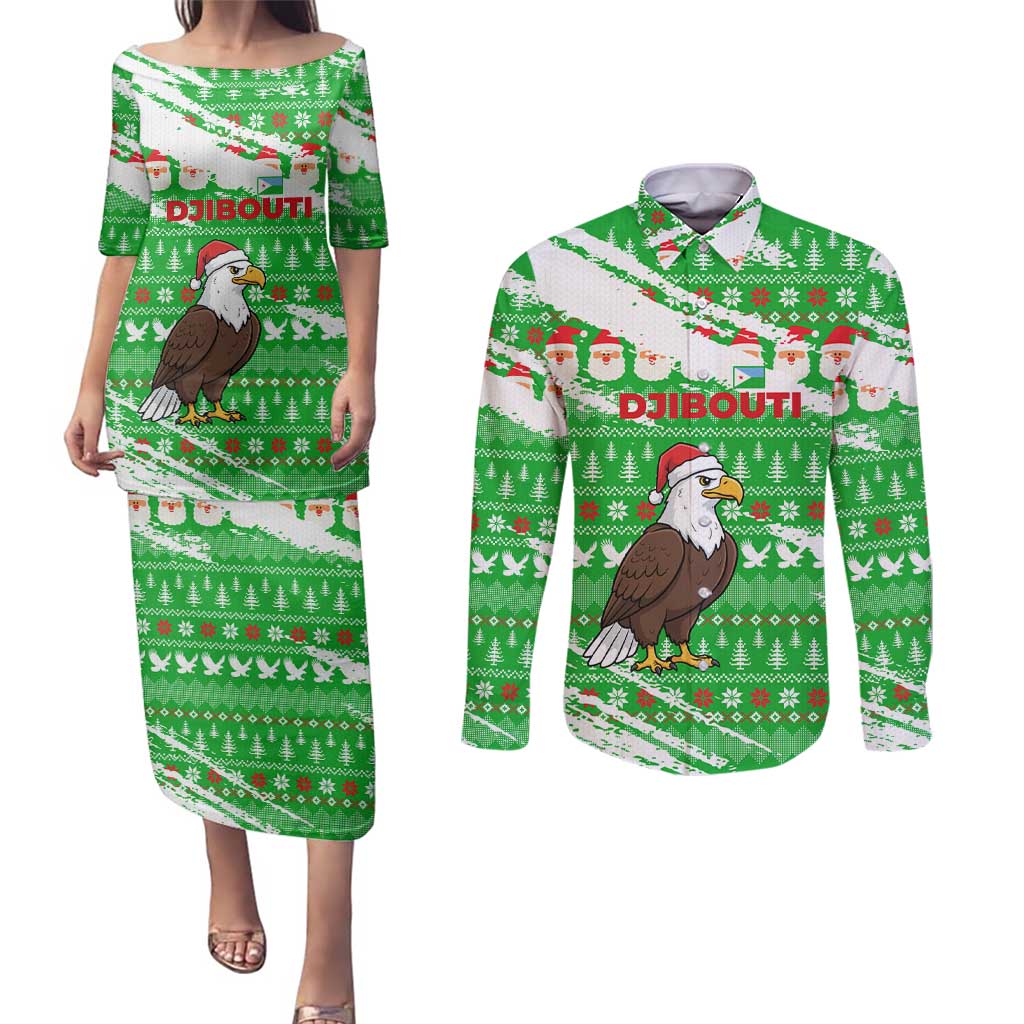 Djibouti Christmas Couples Matching Puletasi and Long Sleeve Button Shirt with Santa Eagle Doves Trees and Green Snowflake Holiday - Wonder Print Shop