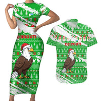 Djibouti Christmas Couples Matching Short Sleeve Bodycon Dress and Hawaiian Shirt with Santa Eagle Doves Trees and Green Snowflake Holiday - Wonder Print Shop