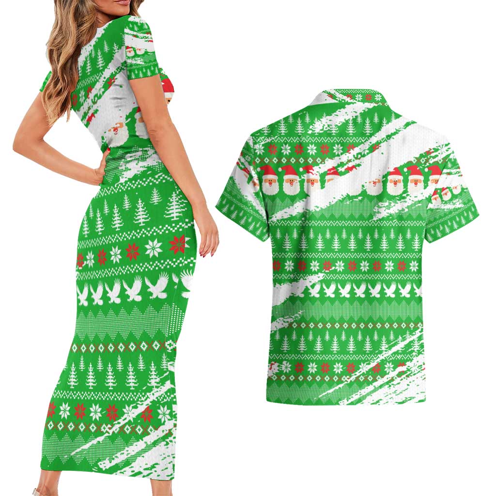 Djibouti Christmas Couples Matching Short Sleeve Bodycon Dress and Hawaiian Shirt with Santa Eagle Doves Trees and Green Snowflake Holiday - Wonder Print Shop
