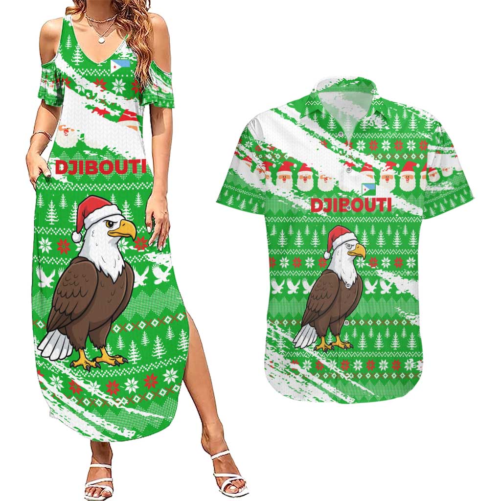 Djibouti Christmas Couples Matching Summer Maxi Dress and Hawaiian Shirt with Santa Eagle Doves Trees and Green Snowflake Holiday - Wonder Print Shop