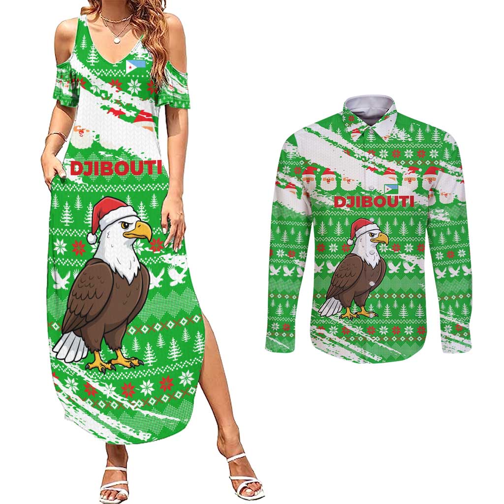 Djibouti Christmas Couples Matching Summer Maxi Dress and Long Sleeve Button Shirt with Santa Eagle Doves Trees and Green Snowflake Holiday - Wonder Print Shop
