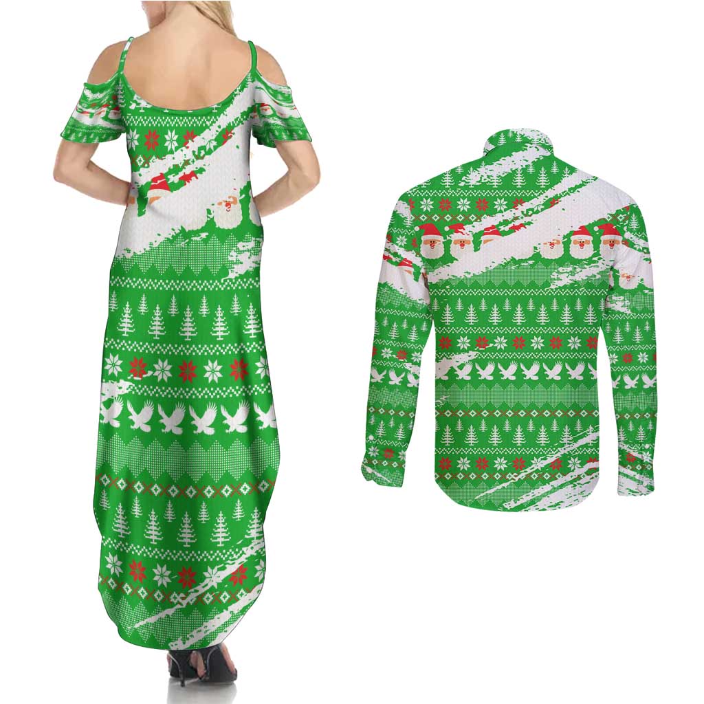 Djibouti Christmas Couples Matching Summer Maxi Dress and Long Sleeve Button Shirt with Santa Eagle Doves Trees and Green Snowflake Holiday - Wonder Print Shop