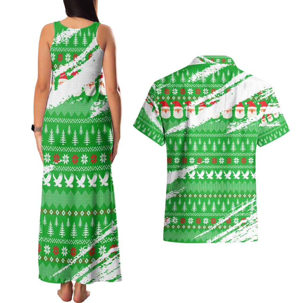 Djibouti Christmas Couples Matching Tank Maxi Dress and Hawaiian Shirt with Santa Eagle Doves Trees and Green Snowflake Holiday - Wonder Print Shop