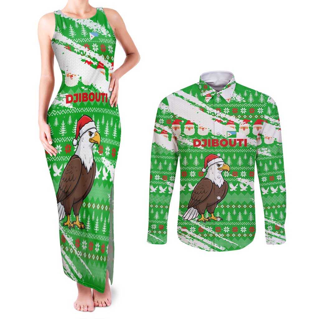 Djibouti Christmas Couples Matching Tank Maxi Dress and Long Sleeve Button Shirt with Santa Eagle Doves Trees and Green Snowflake Holiday - Wonder Print Shop