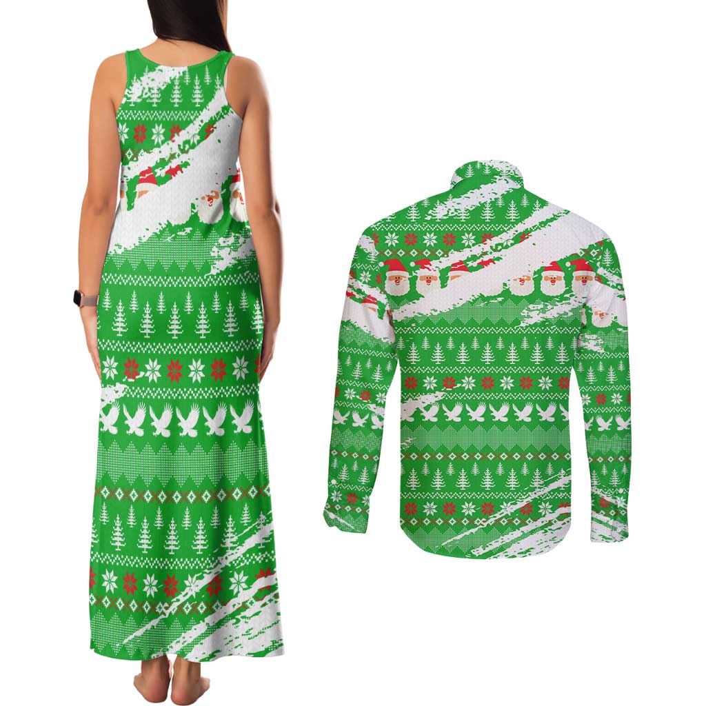Djibouti Christmas Couples Matching Tank Maxi Dress and Long Sleeve Button Shirt with Santa Eagle Doves Trees and Green Snowflake Holiday - Wonder Print Shop