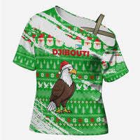 Djibouti Christmas Cross Shoulder Shirt with Santa Eagle Doves Trees and Green Snowflake Holiday - Wonder Print Shop