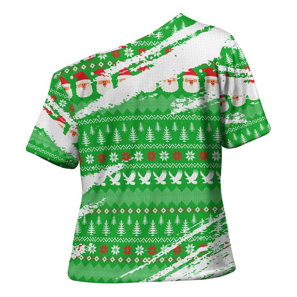 Djibouti Christmas Cross Shoulder Shirt with Santa Eagle Doves Trees and Green Snowflake Holiday - Wonder Print Shop