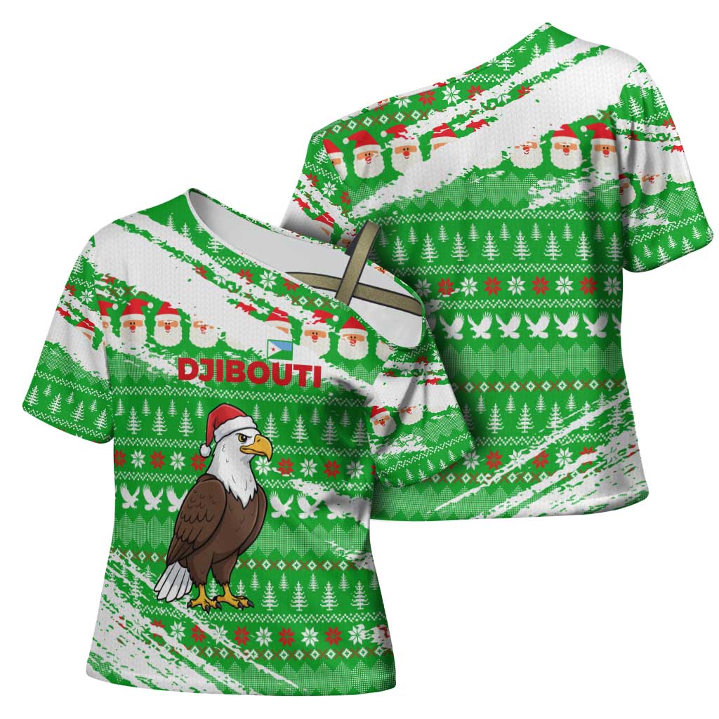 Djibouti Christmas Cross Shoulder Shirt with Santa Eagle Doves Trees and Green Snowflake Holiday - Wonder Print Shop