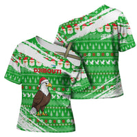 Djibouti Christmas Cross Shoulder Shirt with Santa Eagle Doves Trees and Green Snowflake Holiday - Wonder Print Shop