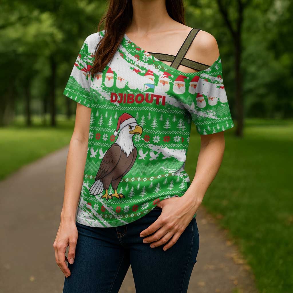 Djibouti Christmas Cross Shoulder Shirt with Santa Eagle Doves Trees and Green Snowflake Holiday - Wonder Print Shop