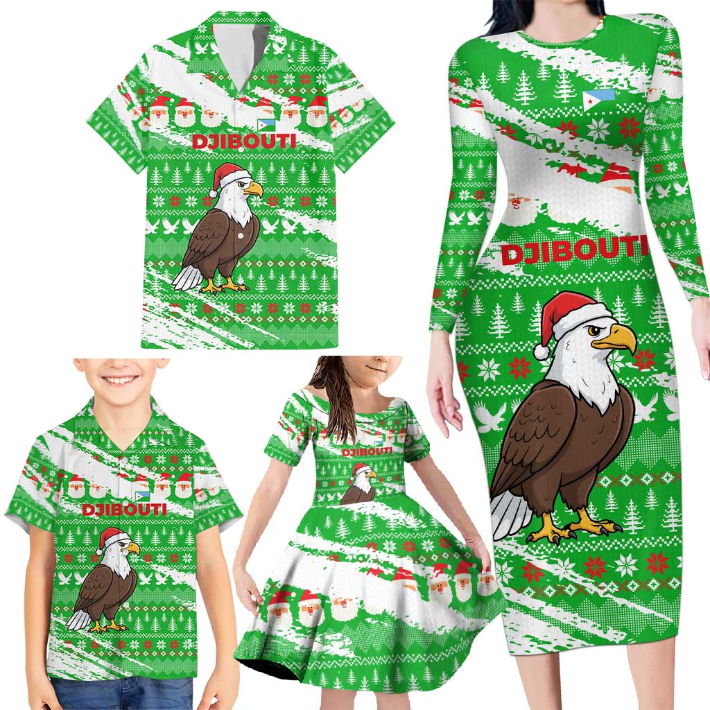 Djibouti Christmas Family Matching Long Sleeve Bodycon Dress and Hawaiian Shirt with Santa Eagle Doves Trees and Green Snowflake Holiday - Wonder Print Shop