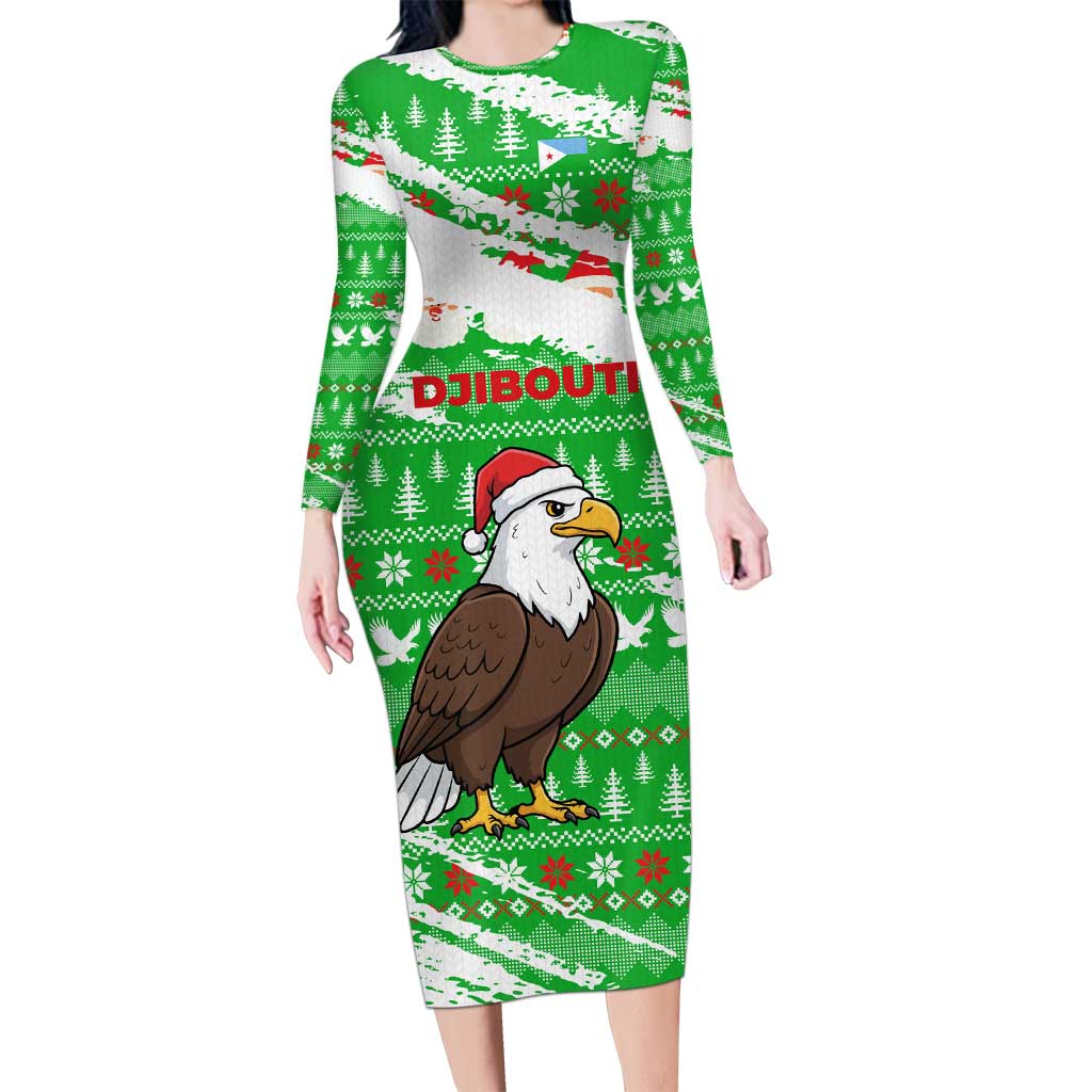 Djibouti Christmas Family Matching Long Sleeve Bodycon Dress and Hawaiian Shirt with Santa Eagle Doves Trees and Green Snowflake Holiday - Wonder Print Shop