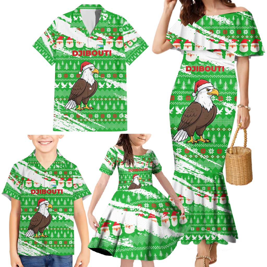 Djibouti Christmas Family Matching Mermaid Dress and Hawaiian Shirt with Santa Eagle Doves Trees and Green Snowflake Holiday - Wonder Print Shop
