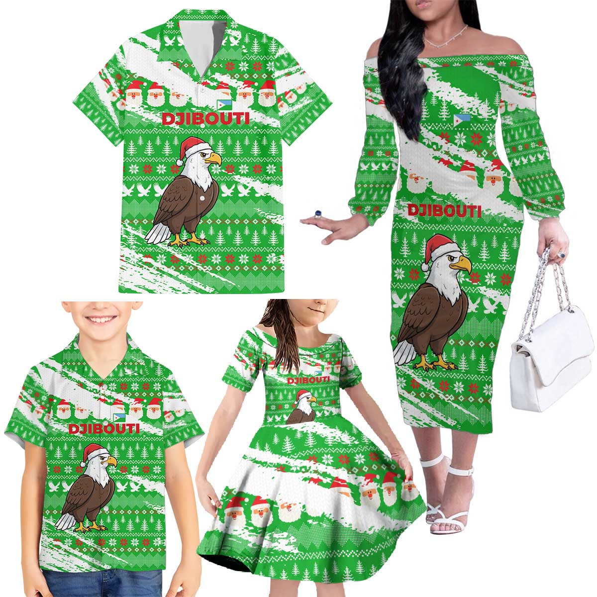 Djibouti Christmas Family Matching Off The Shoulder Long Sleeve Dress and Hawaiian Shirt with Santa Eagle Doves Trees and Green Snowflake Holiday - Wonder Print Shop