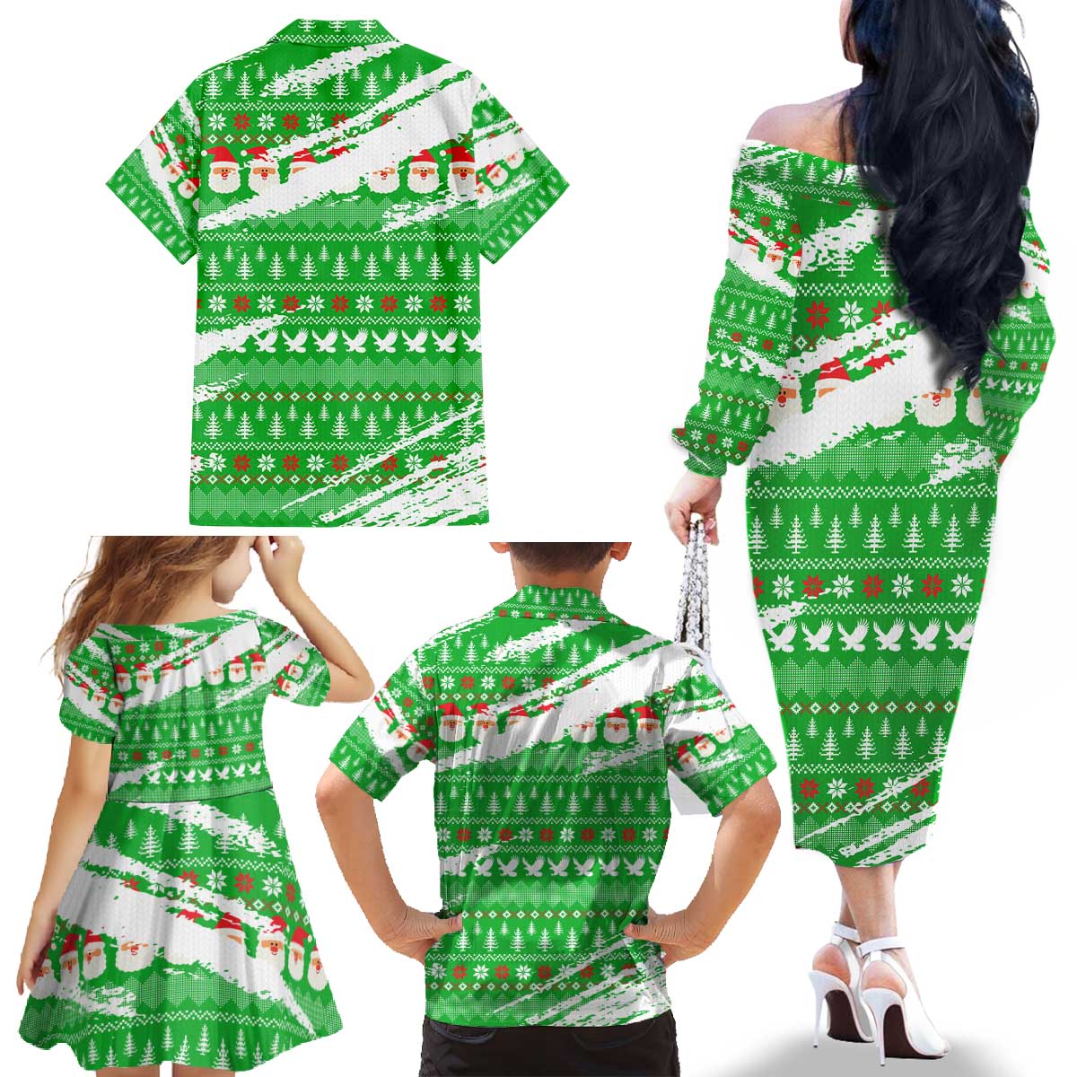 Djibouti Christmas Family Matching Off The Shoulder Long Sleeve Dress and Hawaiian Shirt with Santa Eagle Doves Trees and Green Snowflake Holiday - Wonder Print Shop