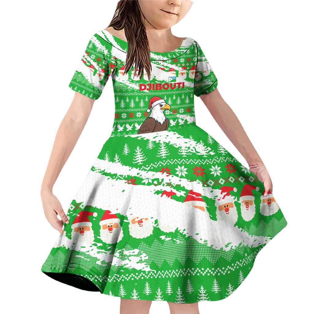 Djibouti Christmas Family Matching Off Shoulder Short Dress and Hawaiian Shirt with Santa Eagle Doves Trees and Green Snowflake Holiday - Wonder Print Shop
