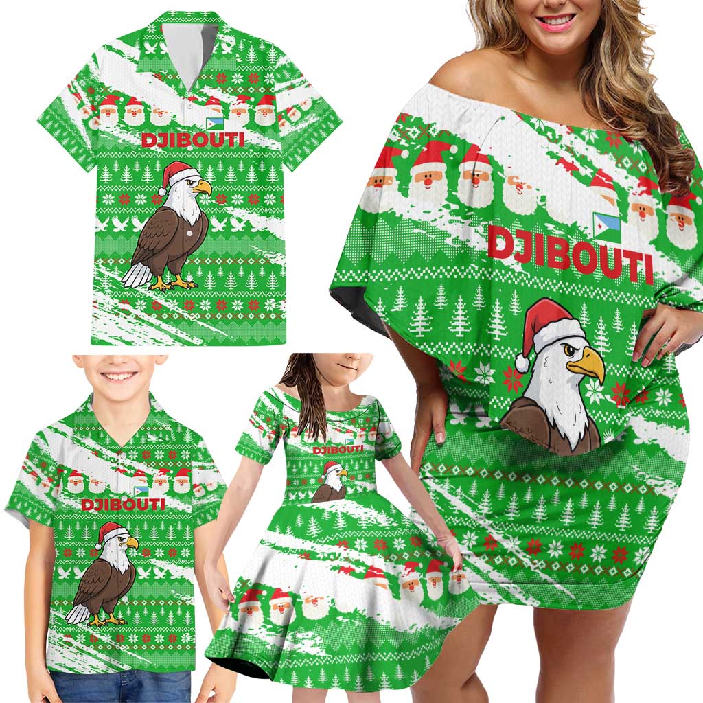 Djibouti Christmas Family Matching Off Shoulder Short Dress and Hawaiian Shirt with Santa Eagle Doves Trees and Green Snowflake Holiday - Wonder Print Shop