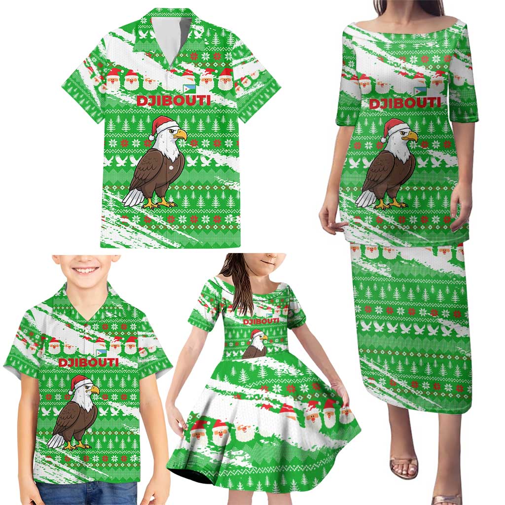 Djibouti Christmas Family Matching Puletasi and Hawaiian Shirt with Santa Eagle Doves Trees and Green Snowflake Holiday - Wonder Print Shop