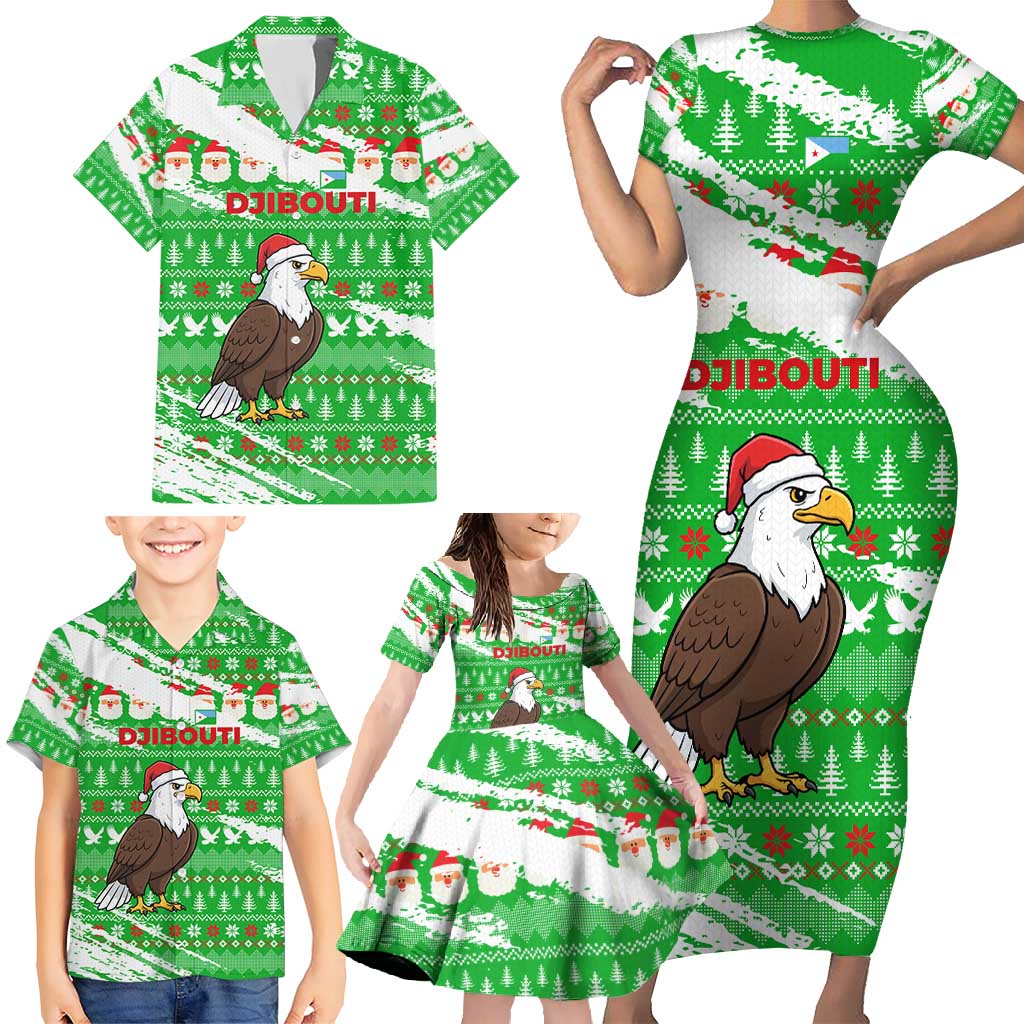Djibouti Christmas Family Matching Short Sleeve Bodycon Dress and Hawaiian Shirt with Santa Eagle Doves Trees and Green Snowflake Holiday - Wonder Print Shop