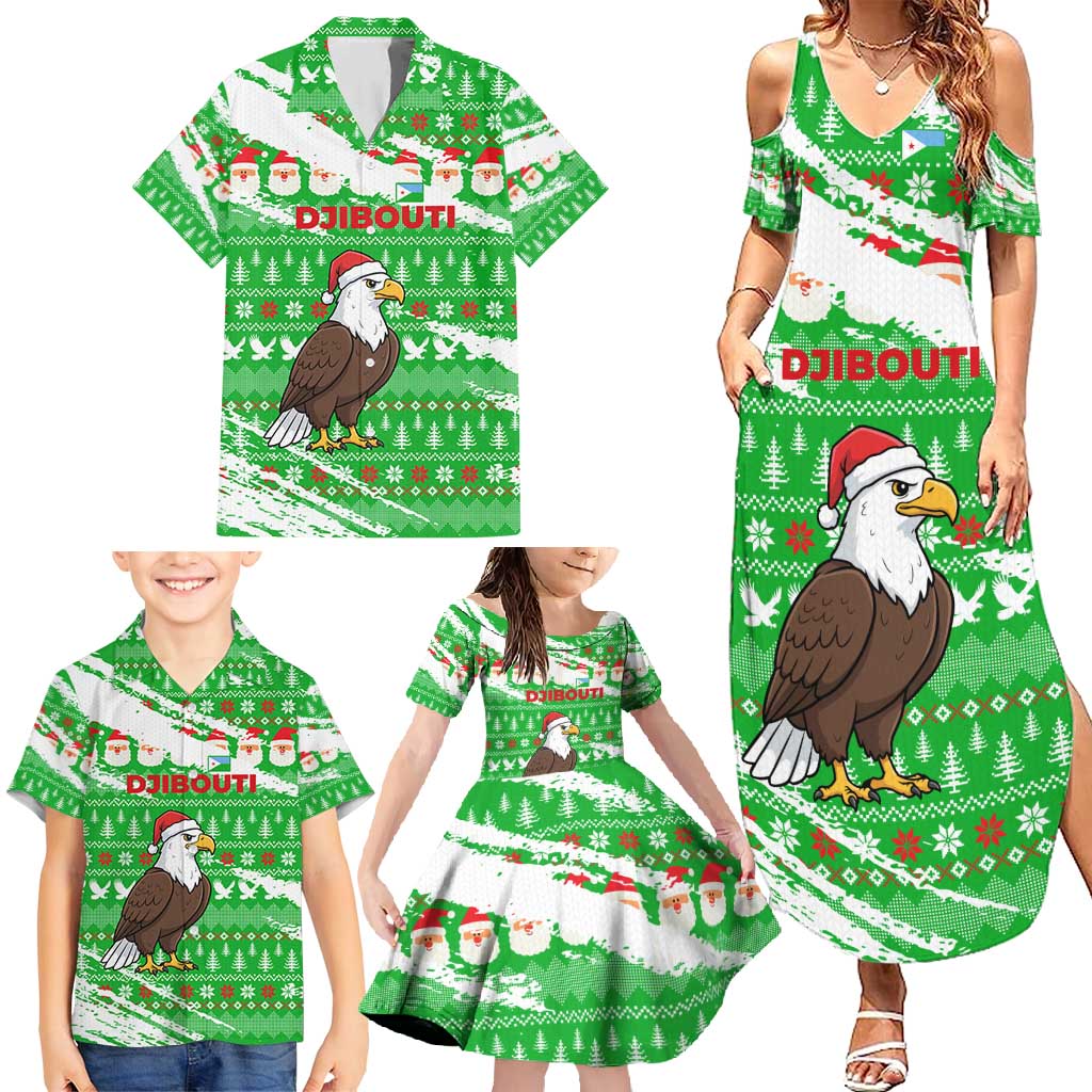 Djibouti Christmas Family Matching Summer Maxi Dress and Hawaiian Shirt with Santa Eagle Doves Trees and Green Snowflake Holiday - Wonder Print Shop