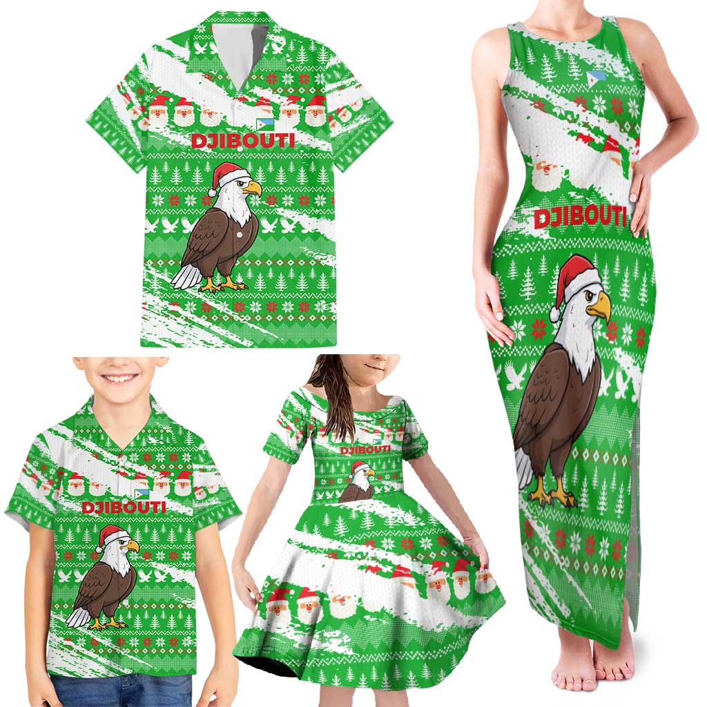 Djibouti Christmas Family Matching Tank Maxi Dress and Hawaiian Shirt with Santa Eagle Doves Trees and Green Snowflake Holiday - Wonder Print Shop