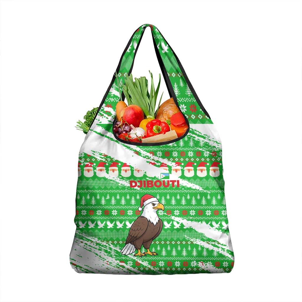 Djibouti Christmas Grocery Bag with Santa Eagle Doves Trees and Green Snowflake Holiday - Wonder Print Shop