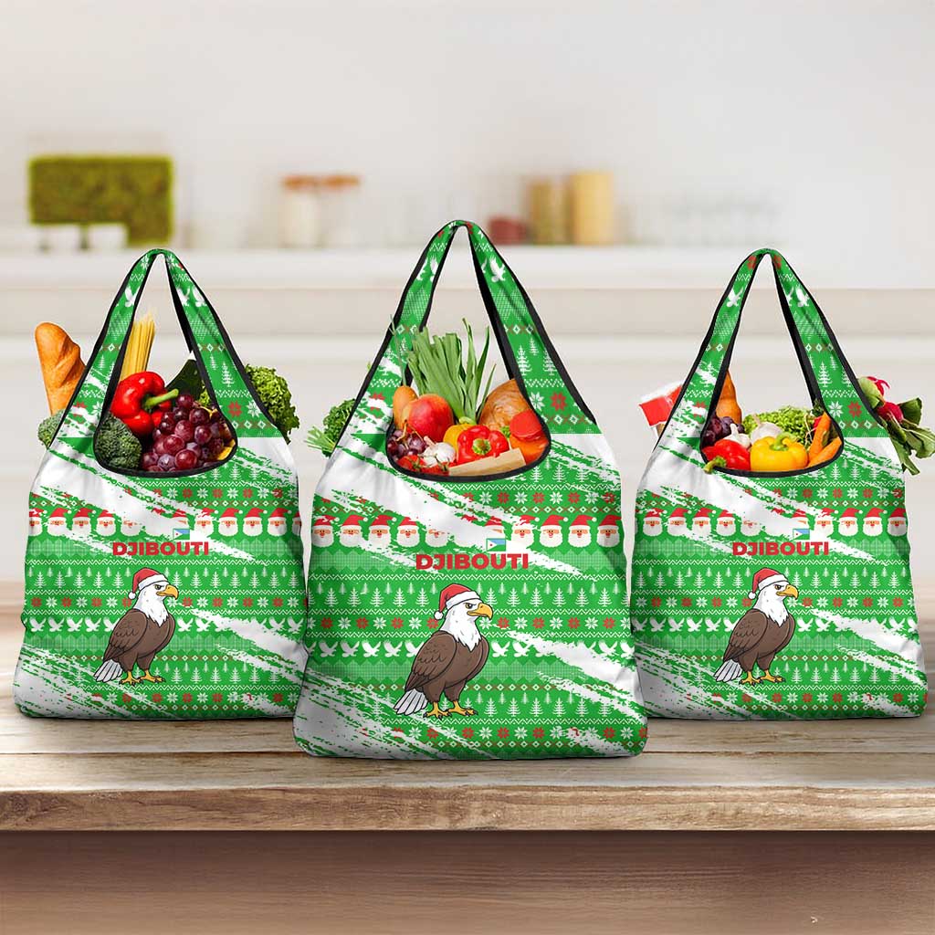 Djibouti Christmas Grocery Bag with Santa Eagle Doves Trees and Green Snowflake Holiday - Wonder Print Shop