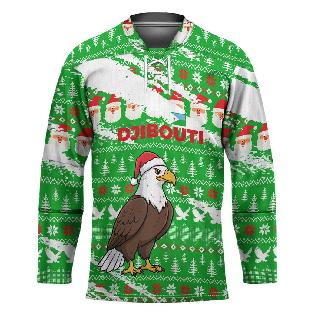 Djibouti Christmas Hockey Jersey with Santa Eagle Doves Trees and Green Snowflake Holiday - Wonder Print Shop