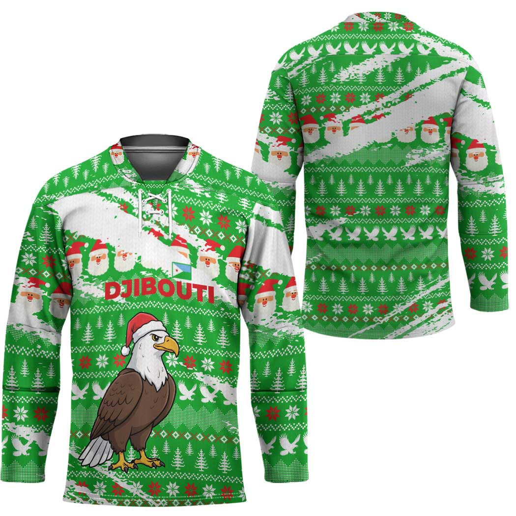 Djibouti Christmas Hockey Jersey with Santa Eagle Doves Trees and Green Snowflake Holiday - Wonder Print Shop