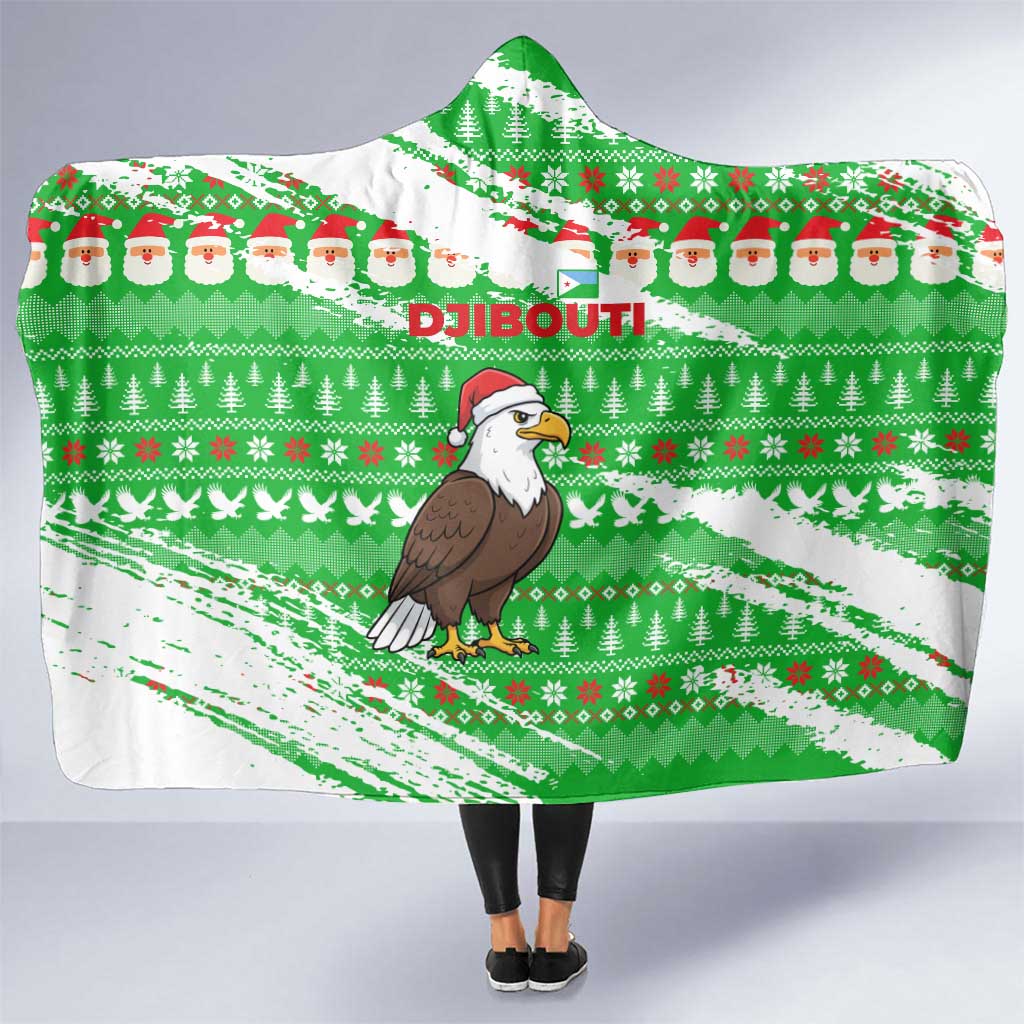 Djibouti Christmas Hooded Blanket with Santa Eagle Doves Trees and Green Snowflake Holiday - Wonder Print Shop