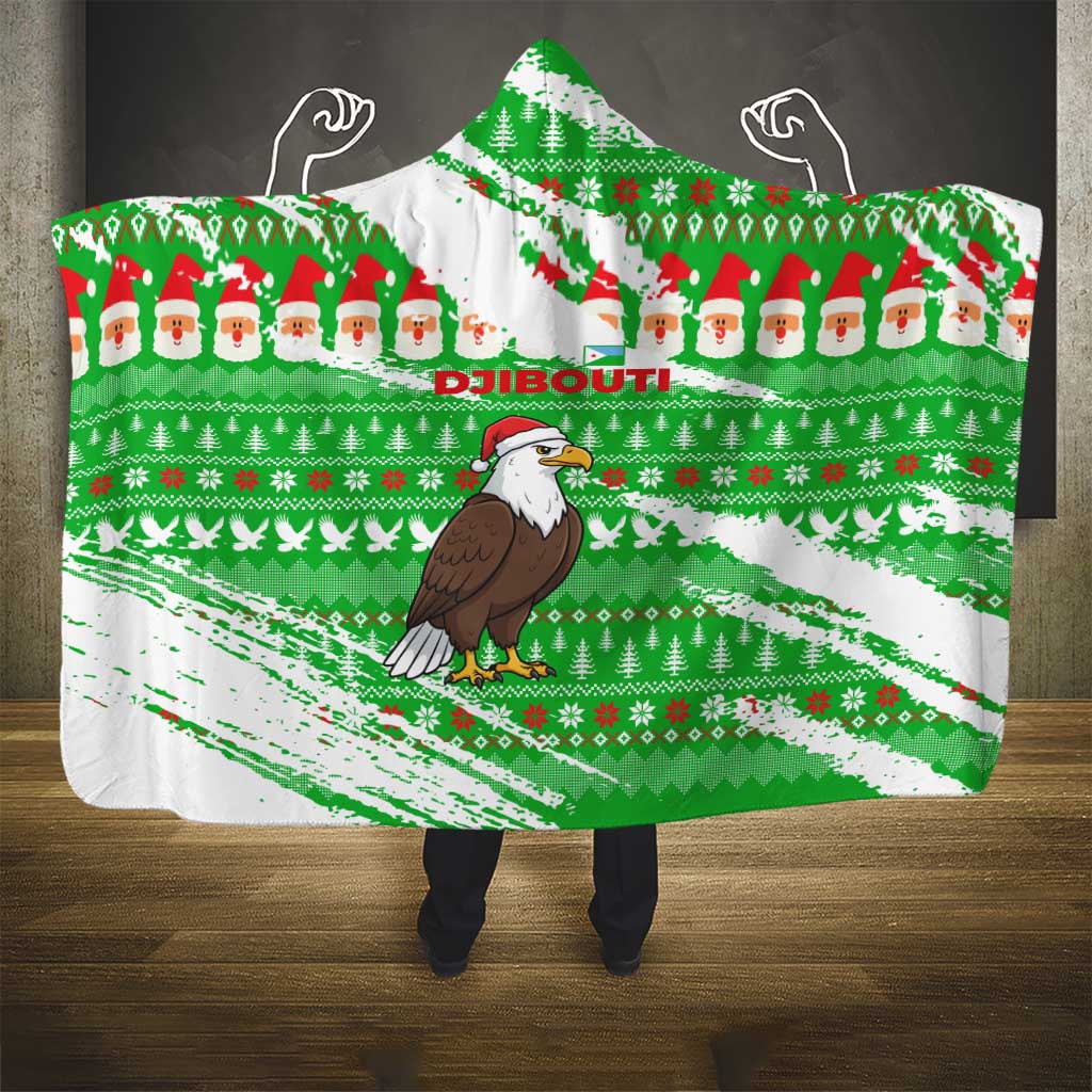 Djibouti Christmas Hooded Blanket with Santa Eagle Doves Trees and Green Snowflake Holiday - Wonder Print Shop